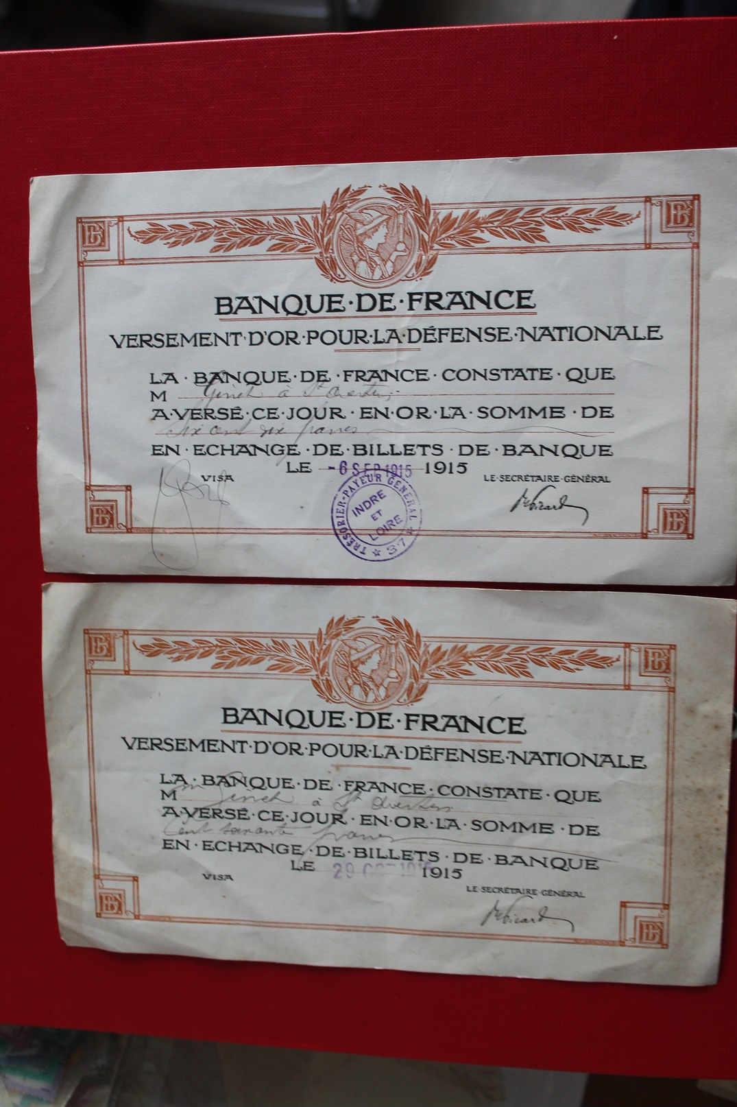 1915    SAINT  AVERTIN    VERSEMENT  POUR  LA  DÉFENSE  NATIONALE             2  DOCUMENTS - Documents Historiques