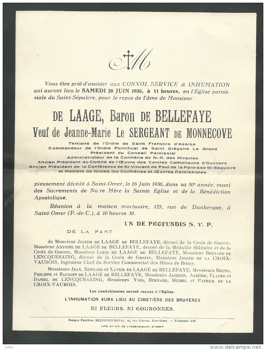 Faire Part Du Décés De  "De Laage, Baron De Bellefaye à Saint Omer Le 16 Juin 1936 - Mald5301 - Décès