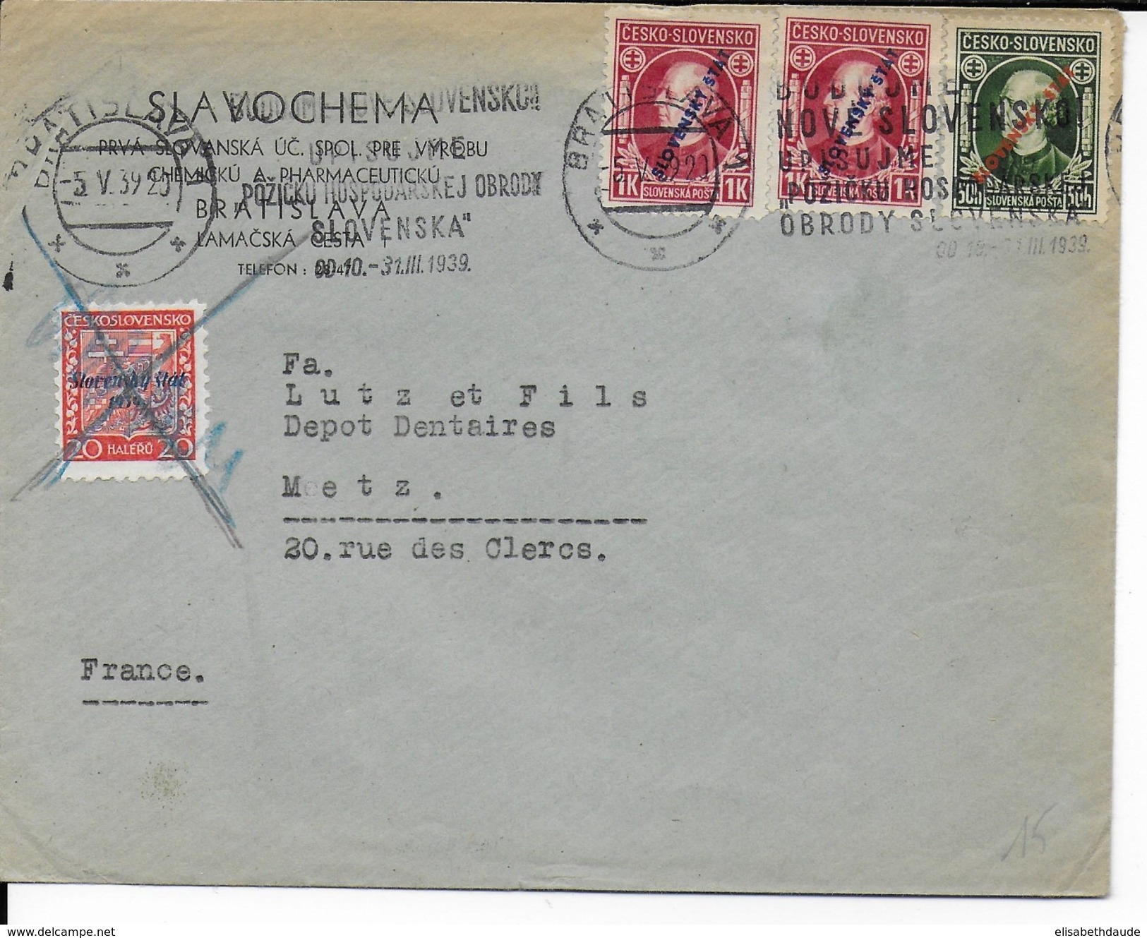 SLOVAQUIE - 1939 - ENVELOPPE De BRATISLAVA => METZ (MOSELLE) - Covers & Documents