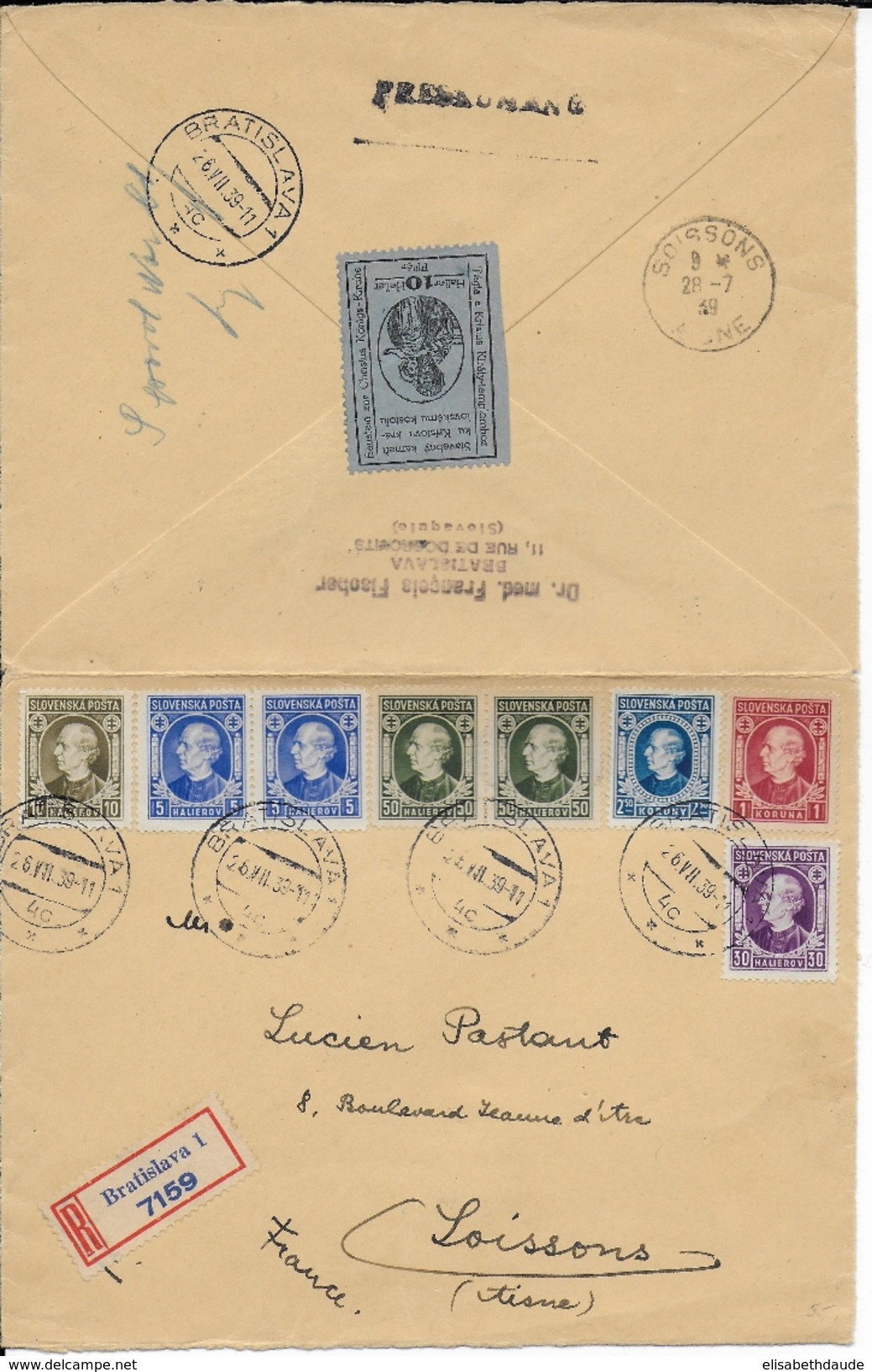 SLOVAQUIE - 1939 - ENVELOPPE RECOMMANDEE De BRATISLAVA Avec VIGNETTE AU DOS => SOISSONS (AISNE) - Lettres & Documents