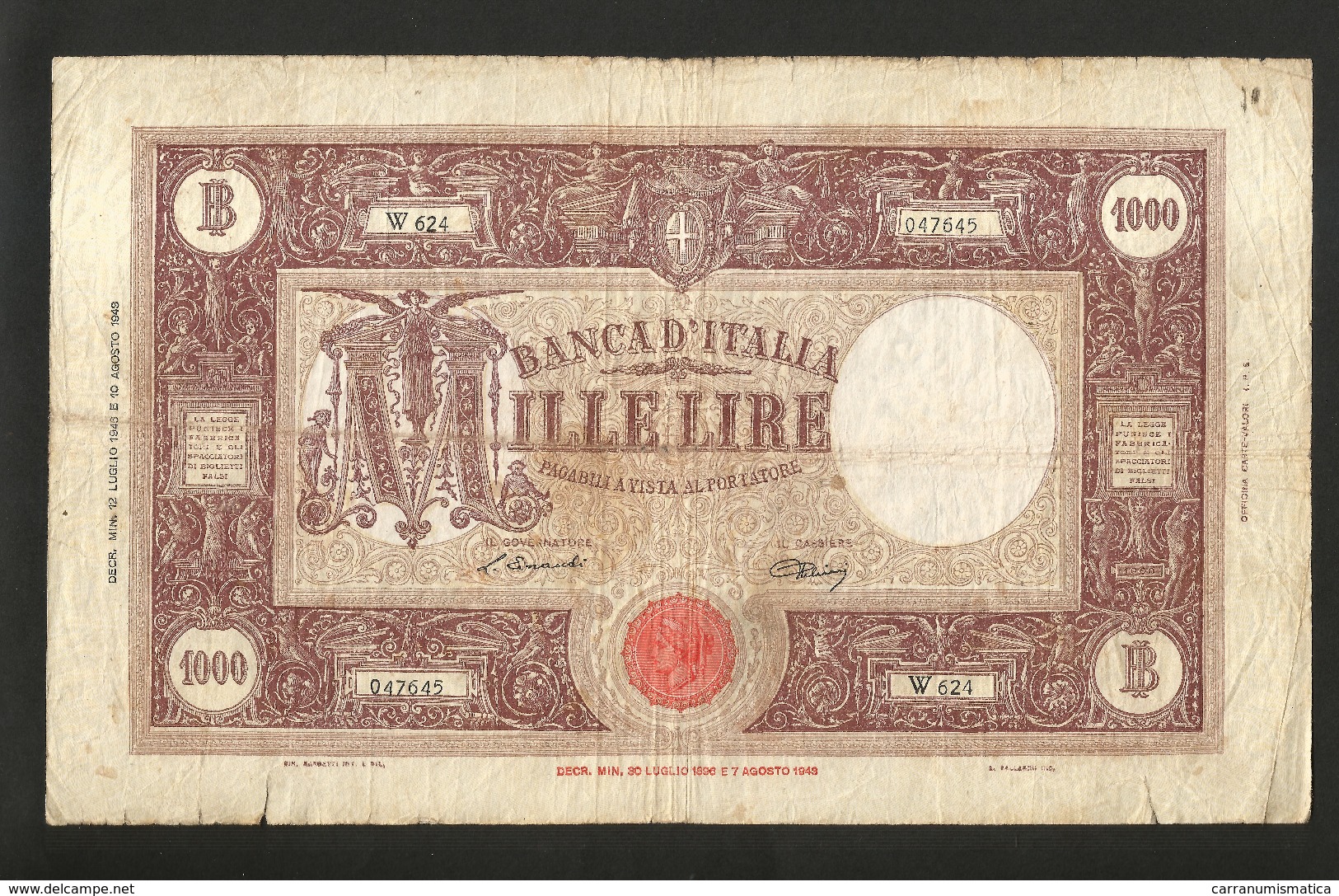 ITALIA - BANCA D' ITALIA - 1000 Lire Grande M ( TESTINA - Decr. 12 / 07 / 1946 - Firme: Einaudi / Urbini) RARO - 1000 Lire