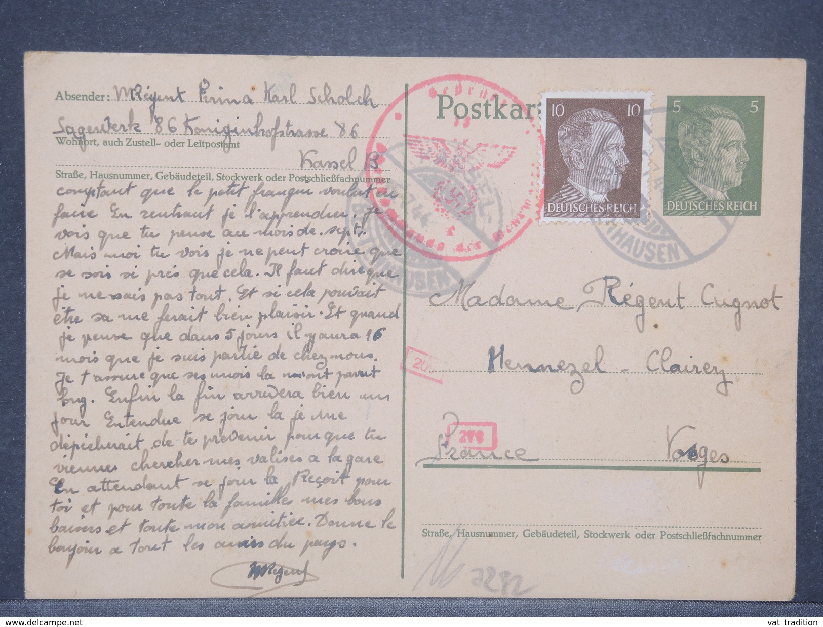 ALLEMAGNE - Entier Postal + Complément De Kassel Pour La France En 1944 Avec Contrôle Postal - L 8454 - Autres & Non Classés