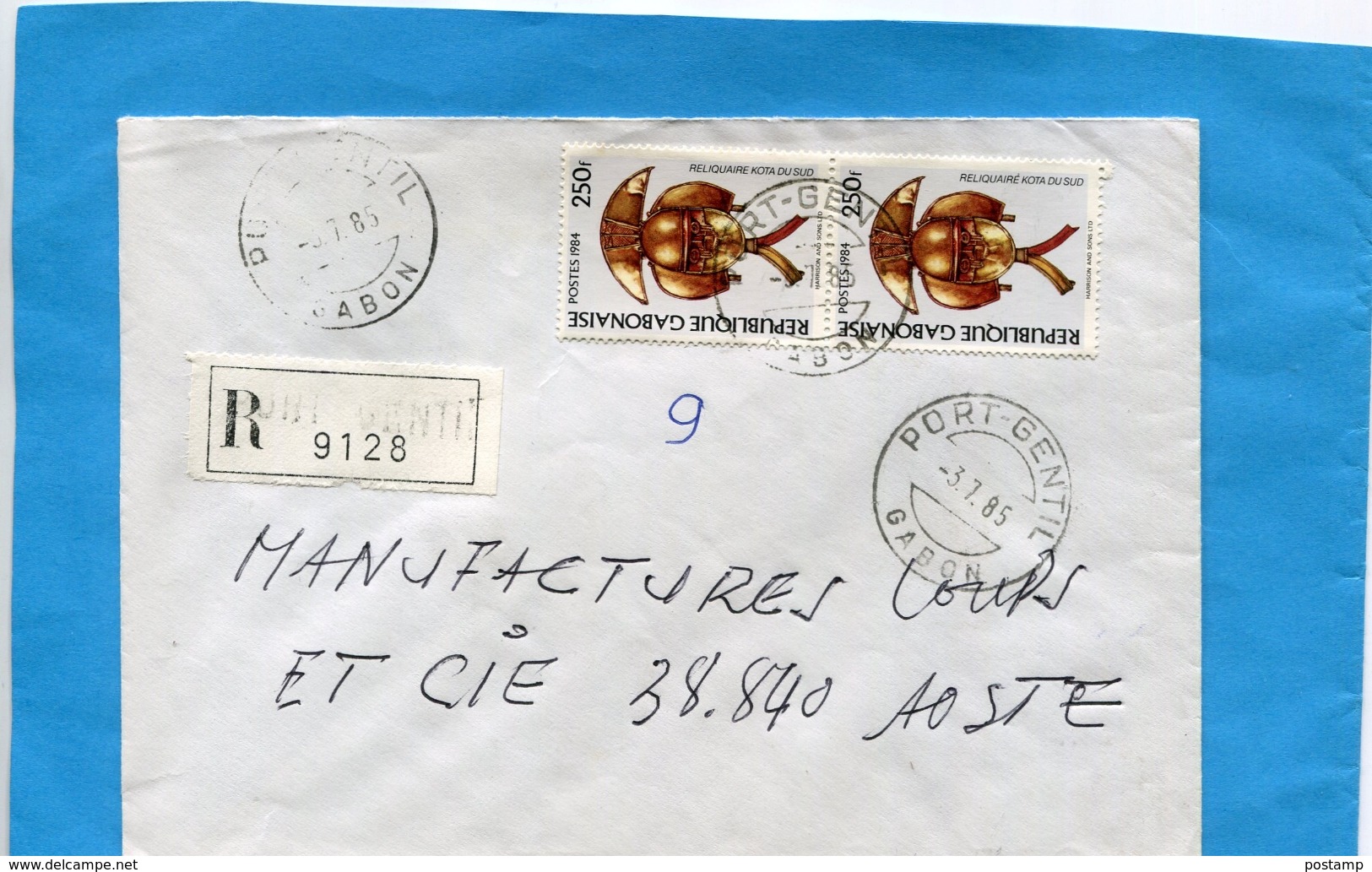 MARCOPHILIE-GABON-lettre REC>Françe-cad 1985--2-stamps N° 568C  Reliquaire-"Timbre Non Coté RARE Sur Lettre" - Gabon (1960-...)