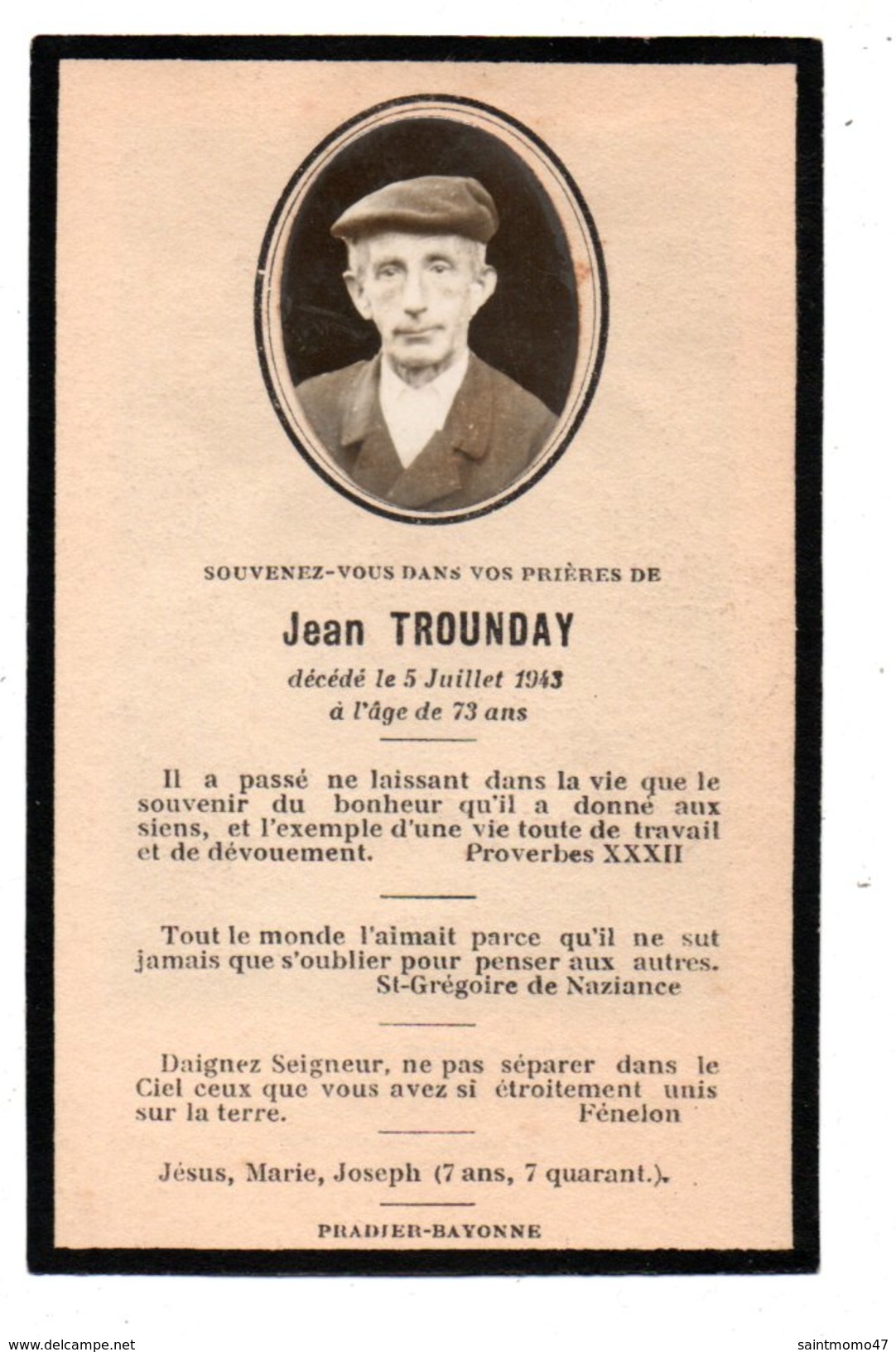 SOUVENEZ-VOUS DE JEAN TROUNDAY Décédé Le 05 Juillet 1943 à L'âge De 73 Ans - Réf. N°3110 - - Décès