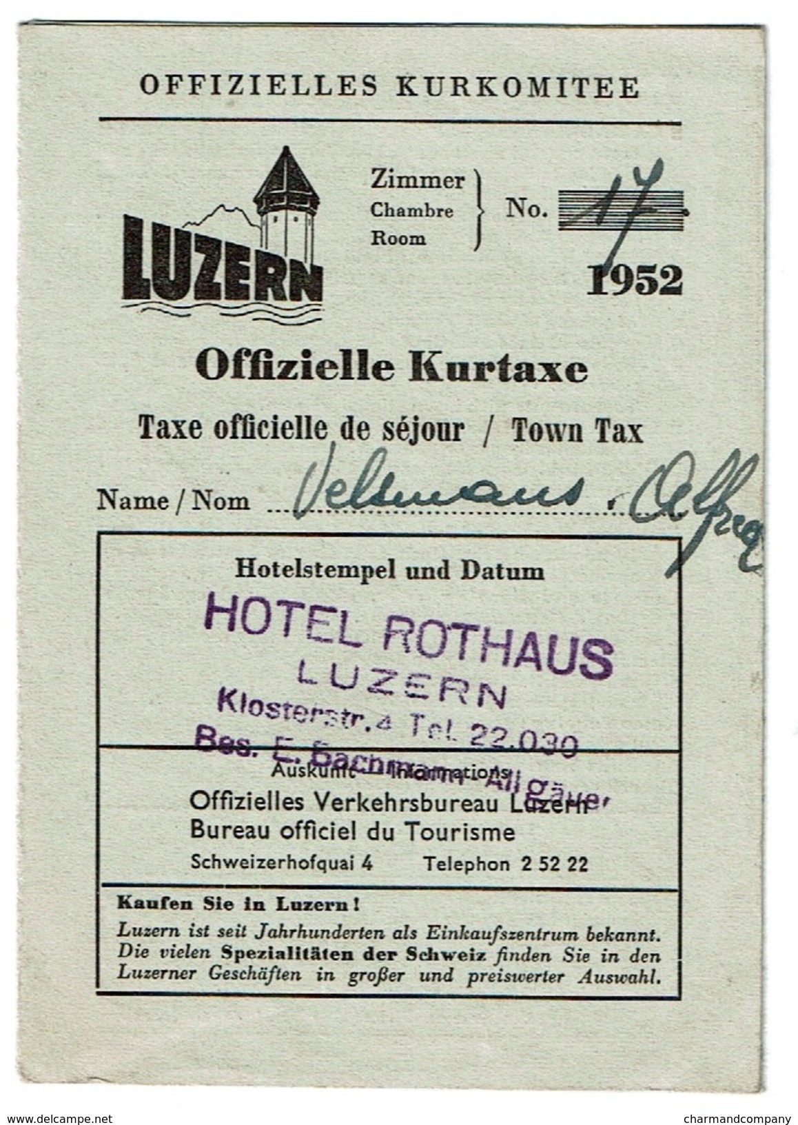 1952, Offizielle Kurtaxe Luzern / Hotel Rothausl - Taxe Officielle De Séjour - 3 Scans - Documents Historiques