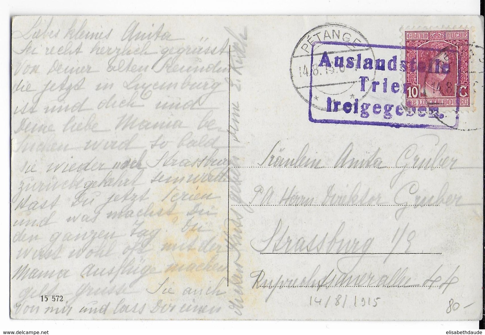 LUXEMBOURG - 1916 - CARTE De PETANGE => STRASBOURG Vec CENSURE De TREVES (TRIER) - 1914-24 Maria-Adelaide