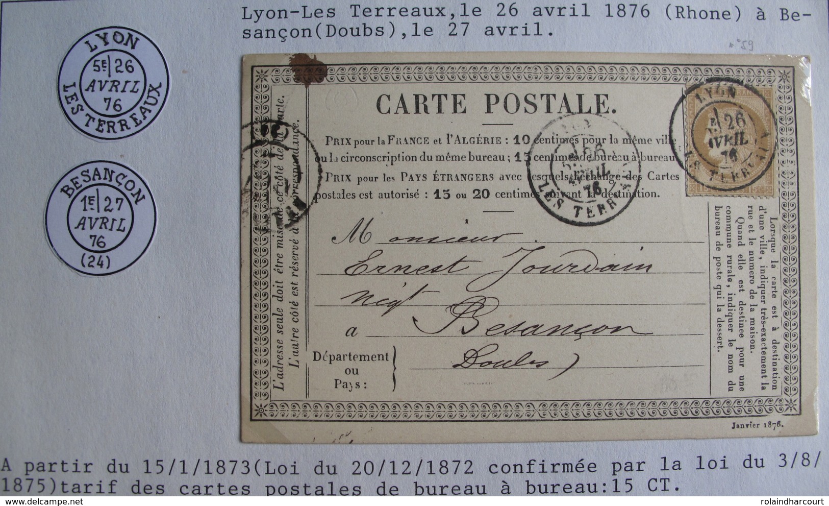 LOT 4269/161 - CARTE POSTALE (PRECURSEUR) - CERES N°55 (LETTRE) LYON > BESANCON - 1849-1876: Classic Period