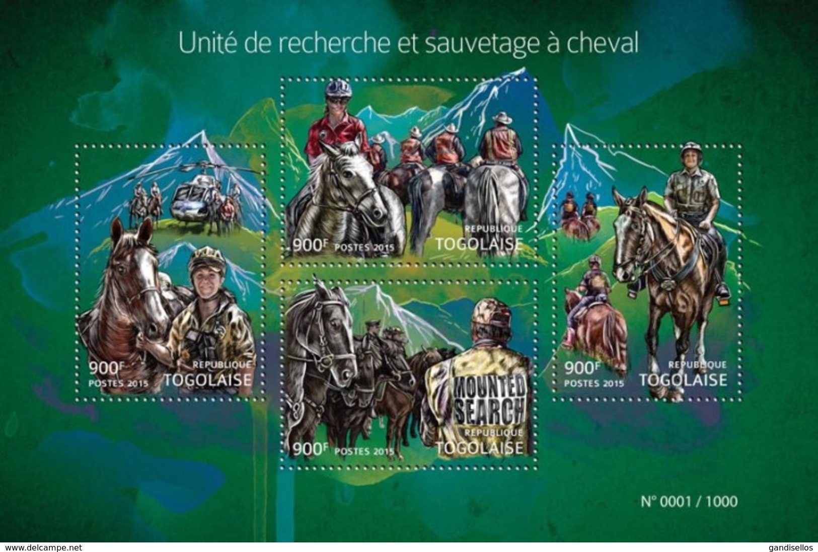 TOGO 2015 SHEET HORSE SEARCH AND RESCUE CHEVAUX RECHERCHE ET SAUVETAGE CABALLOS Tg15414a - Togo (1960-...)