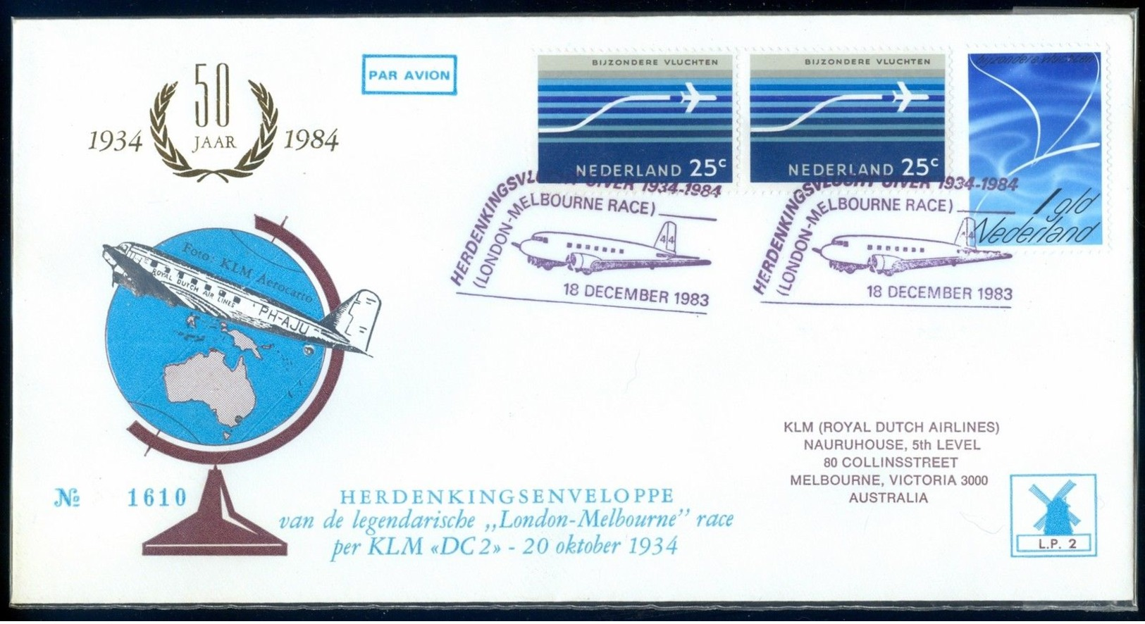 1984 Commemorative 50 Years Nederland To Melbourne Australia MacRobertson Race - Postal History