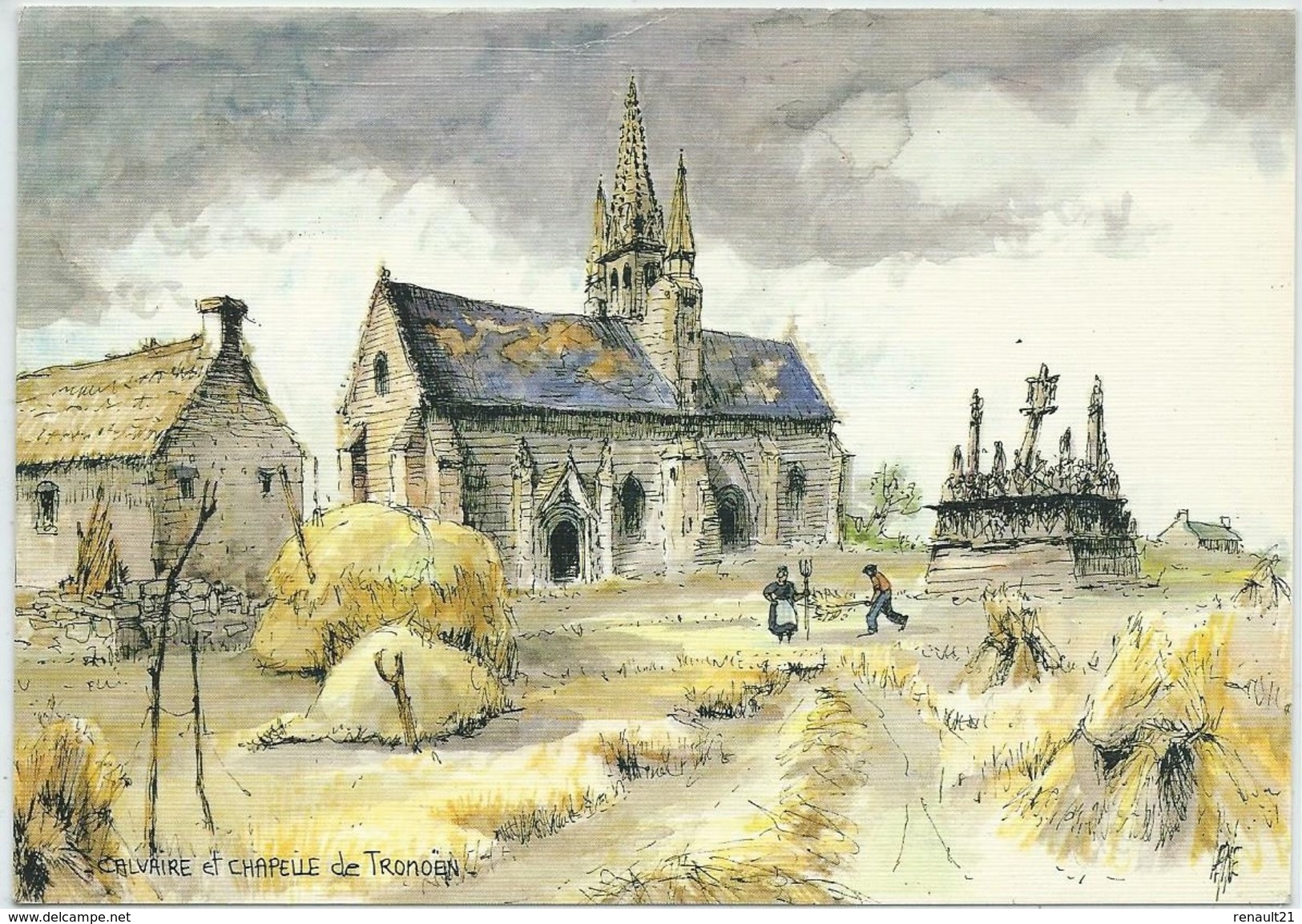 Saint-Jean-Trolimon-Calvaire Et Chapelle De Tronöen-Aquarelle Originale De Robert Lépine (Légère Pliure Haut Au Centre) - Saint-Jean-Trolimon