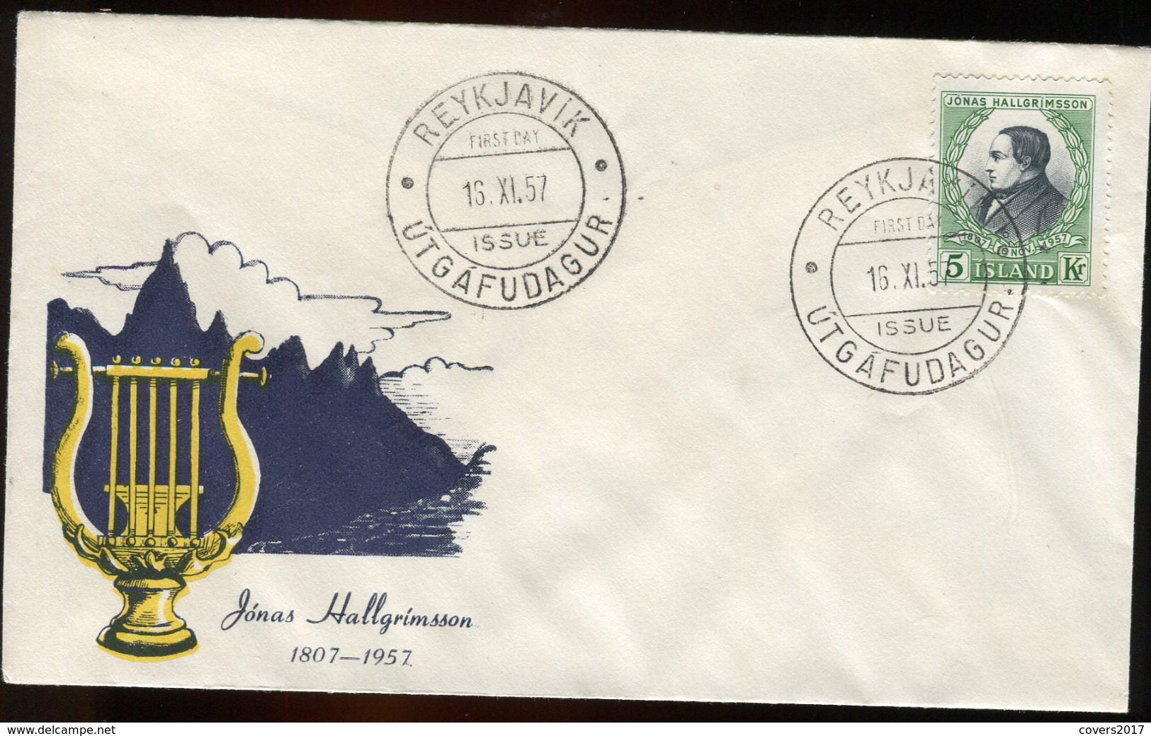 Iceland/Islande/Ijsland/Island FDC 16.XI.1957 Poet Jonas Hallgrímsson Matching Cover - FDC