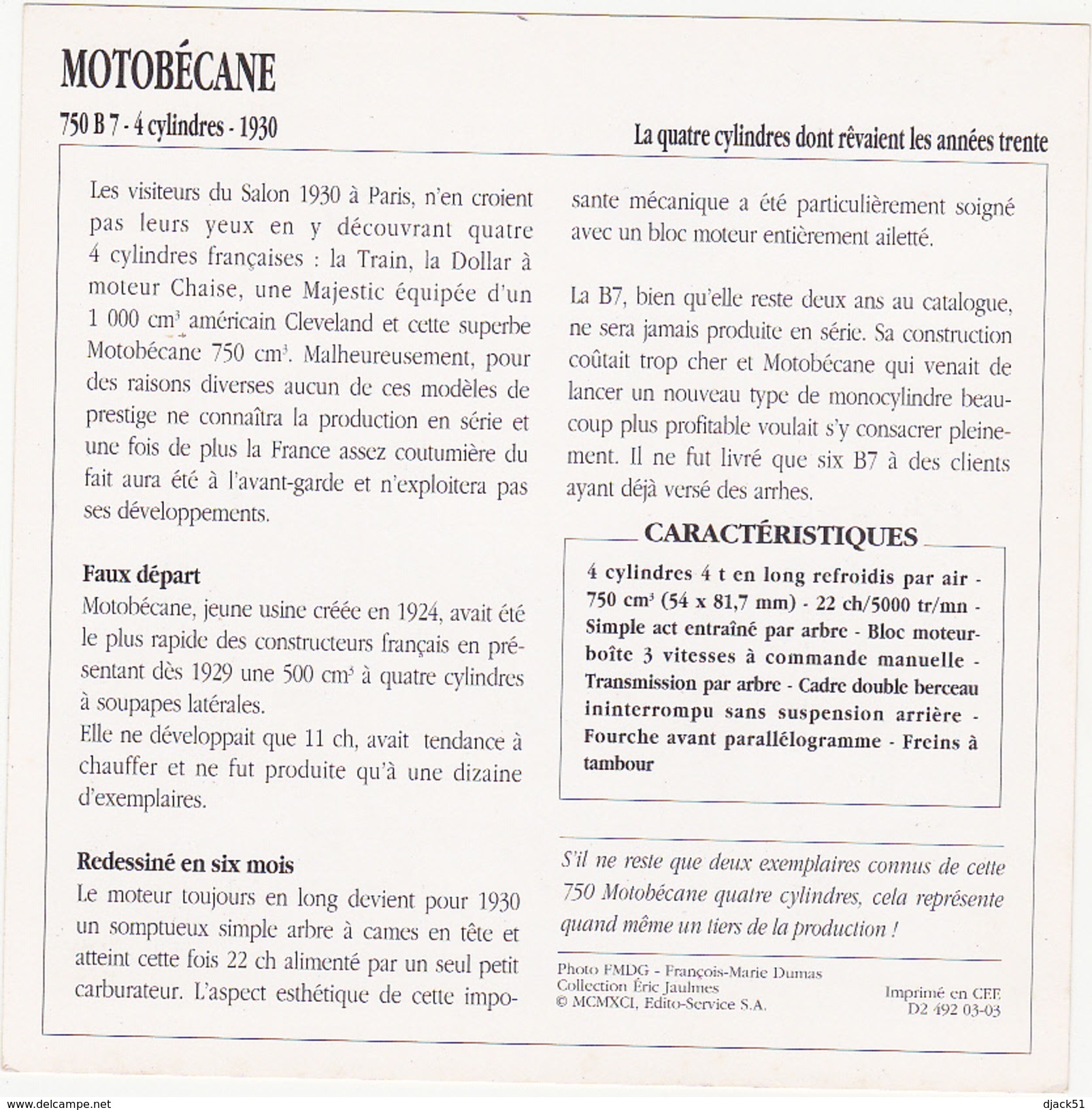 Fiche : MOTO / FRANCE / MOTOBECANE 750 B 7 / 1930 - Motos