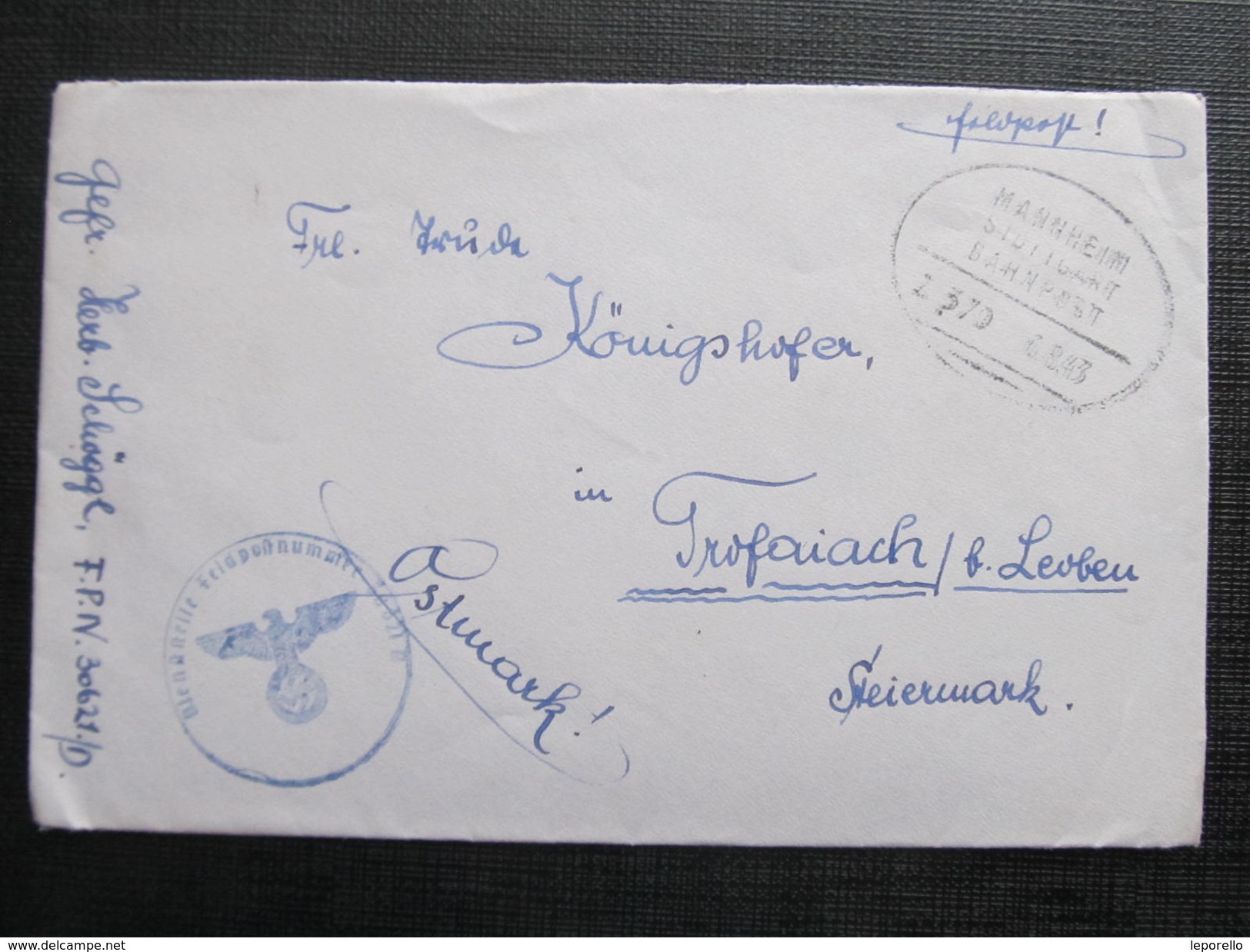 Feldpost Mannheim Stuttgart Zugstempel Bahnpost FPNr.: 30621D 1943////  D*24758 - Lettres & Documents