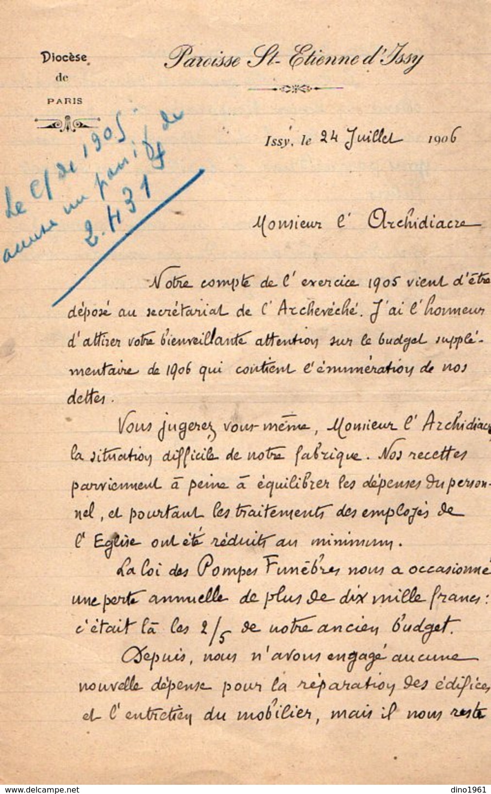 VP10.256 - Diocèse De Paris - 1906 - Paroisse Saint - Etienne D'ISSY - Lettre De Mr Victor DUVRE à Mr L'Archidiacre - Godsdienst & Esoterisme