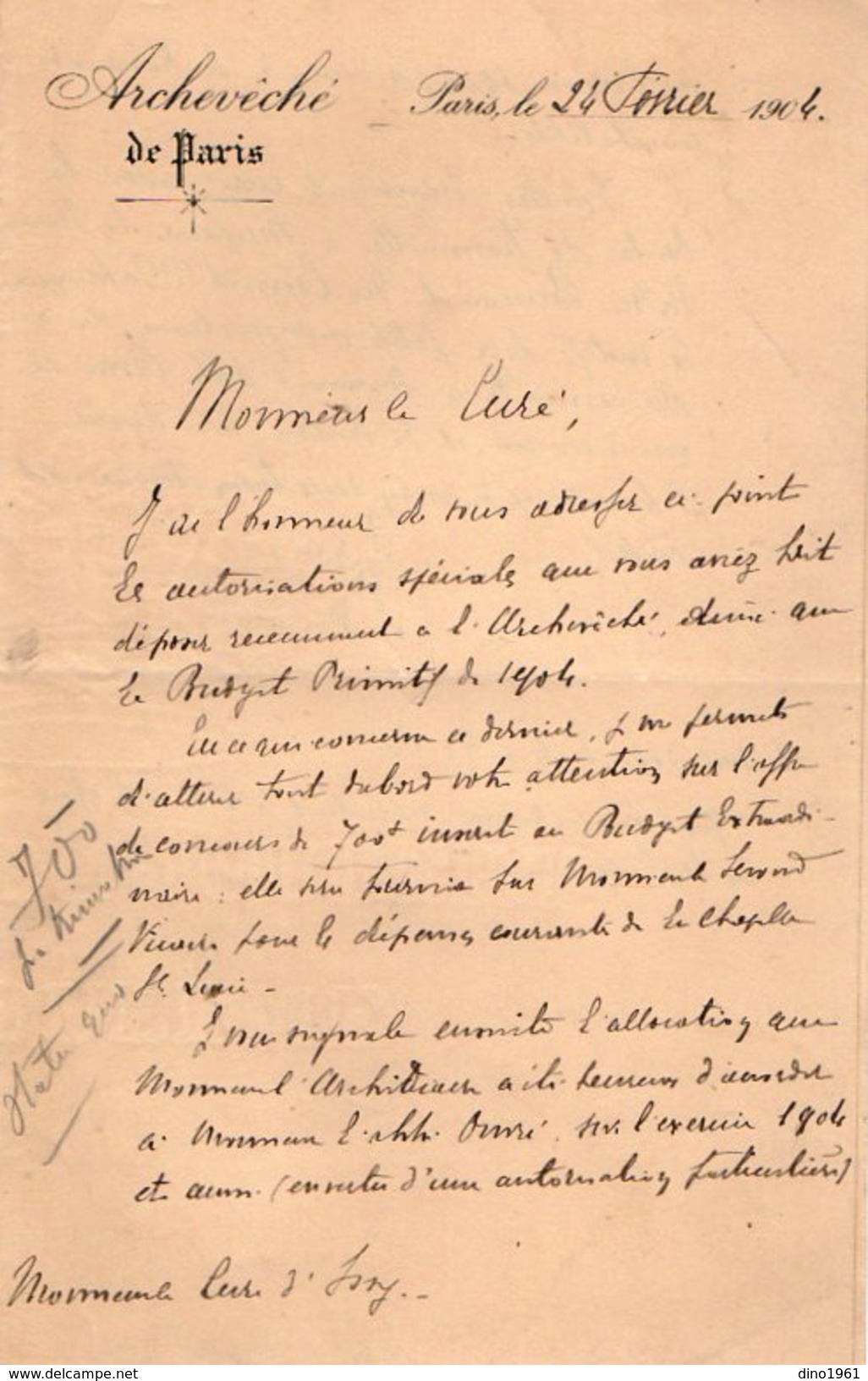 VP10.257 - Achevêché De PARIS - 1904 - Lettre De Mr BORIE à Mr Le Curé D'ISSY - Religion & Esotérisme