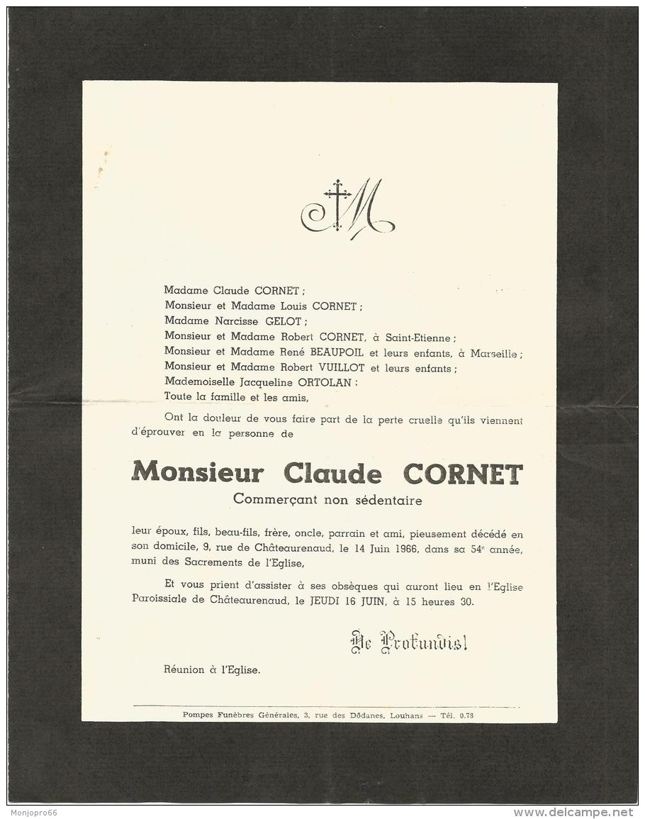 Avis De Décès De Monsieur CLAUDE CORNET Décédée Le Mardi 14 Juin 1966 - Décès