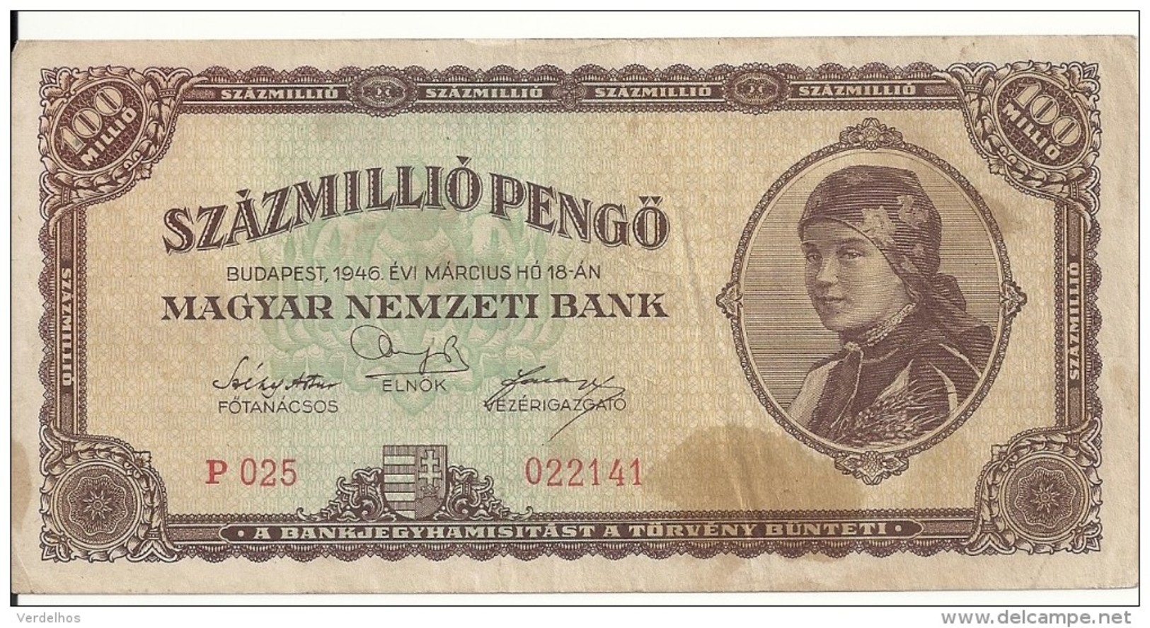 HONGRIE 100 MILLION PENGO 1946 VF P 124 - Hongrie