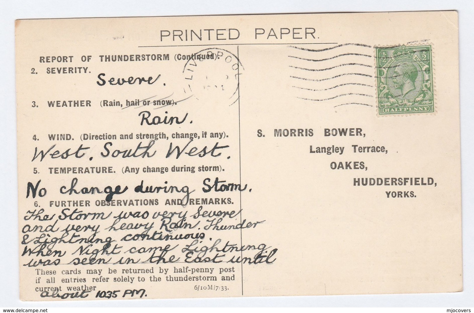 1934 Liverpool COVER Postcard METEOROLOGY Report WEATHER STATION Re THUNDERSTORM LIGHTNING  Gb Gv Stamps - Covers & Documents