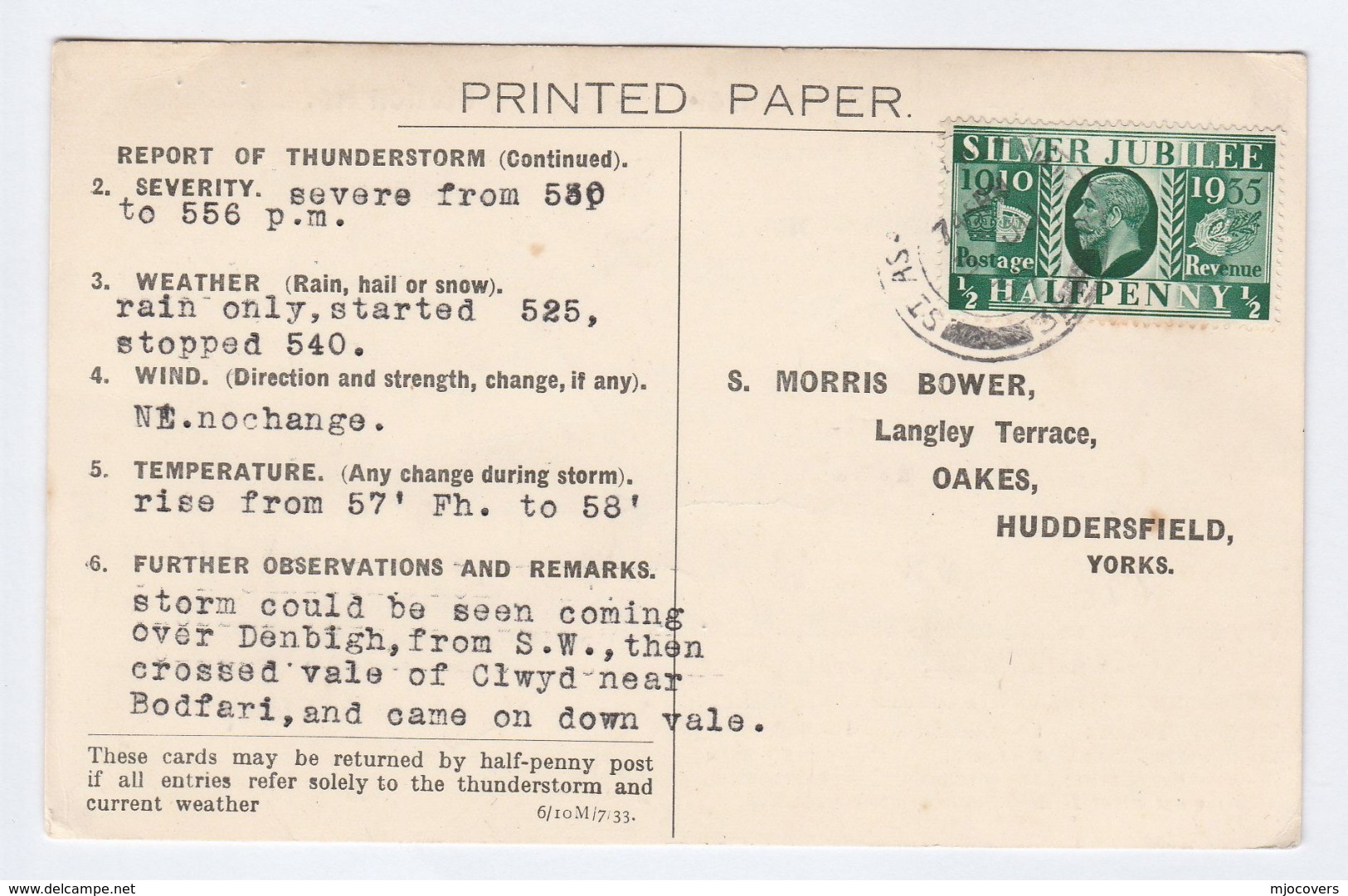 1935 COVER METEOROLOGY Report WEATHER STATION Re  DENBIGH  BODFARI THUNDERSTORM  Postcard  Gb Gv Stamps - Covers & Documents