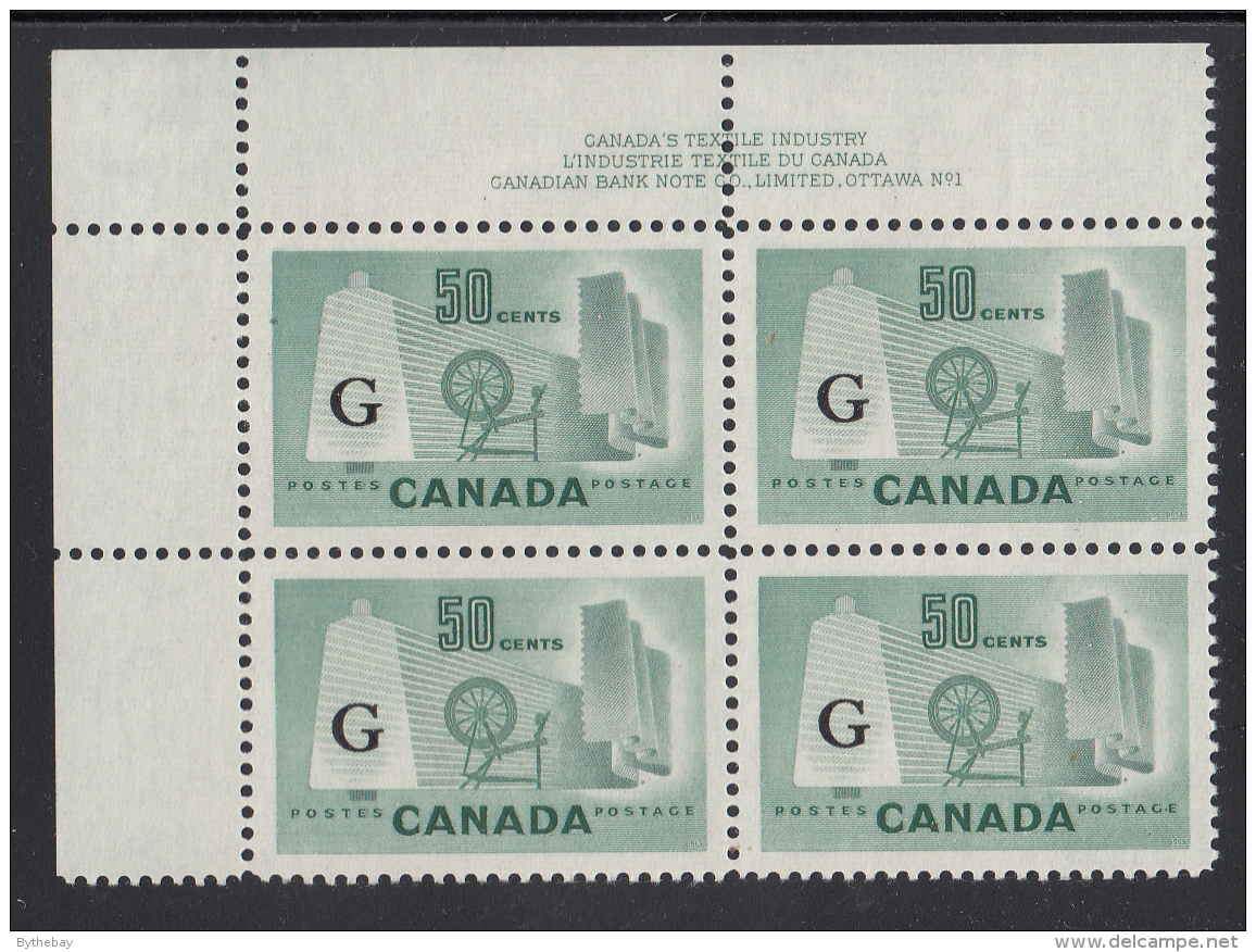 Canada MNH Scott #O38 'G' Overprint On 50c Textile Industry Plate #1 Upper Left PB - Surchargés