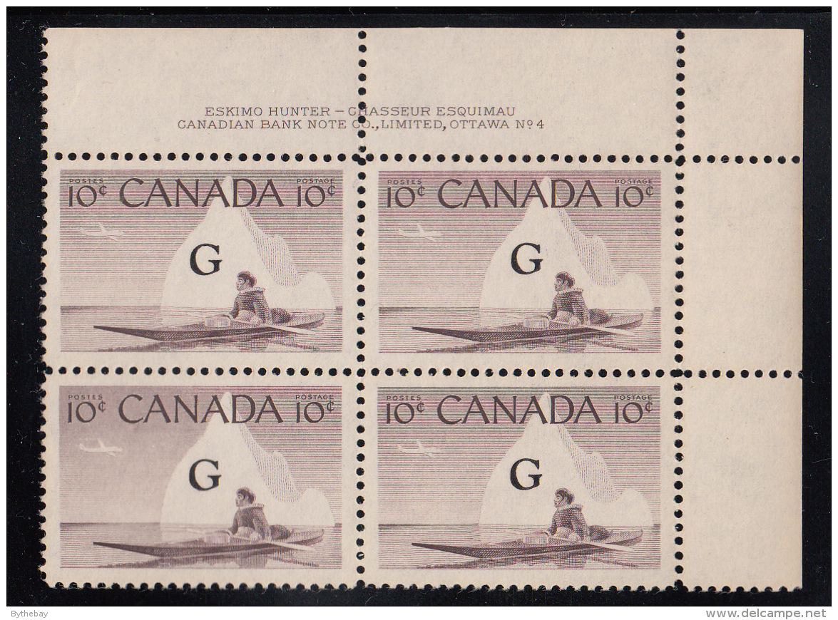 Canada MNH Scott #O39a 'Flying G' Overprint On 10c Inuk, Kayak Plate #4 Upper Right PB - Aufdrucksausgaben