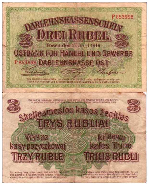 WWI (Germany - Occupation Lithuania) 3 RUBEL (1916) Pick R123b TB - Altri & Non Classificati