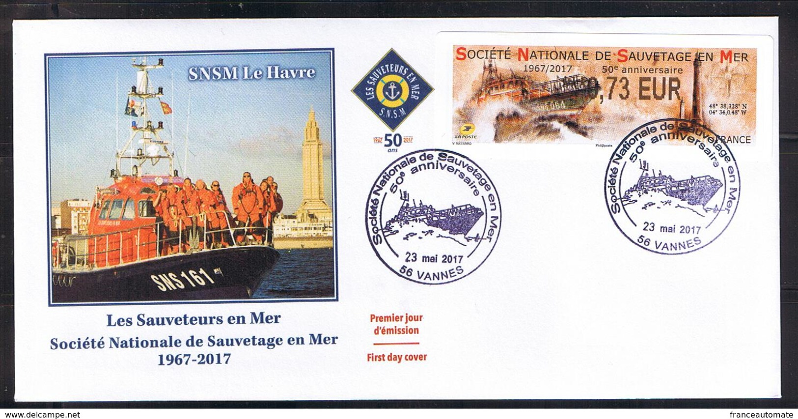 ATM, LISA2, 0.73&euro;, FDC 23/05/2017, OBLITEREE, VANNES, CANOT DE LA SNSM, 50éme ANNIVERSAIRE DE LA SNSM - 2010-2019