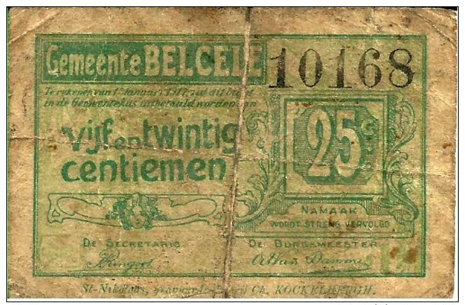 BELGIQUE BELGIUM  BELCELE --> 25 Cmes 1/1/1917 TB - 1-2 Francs