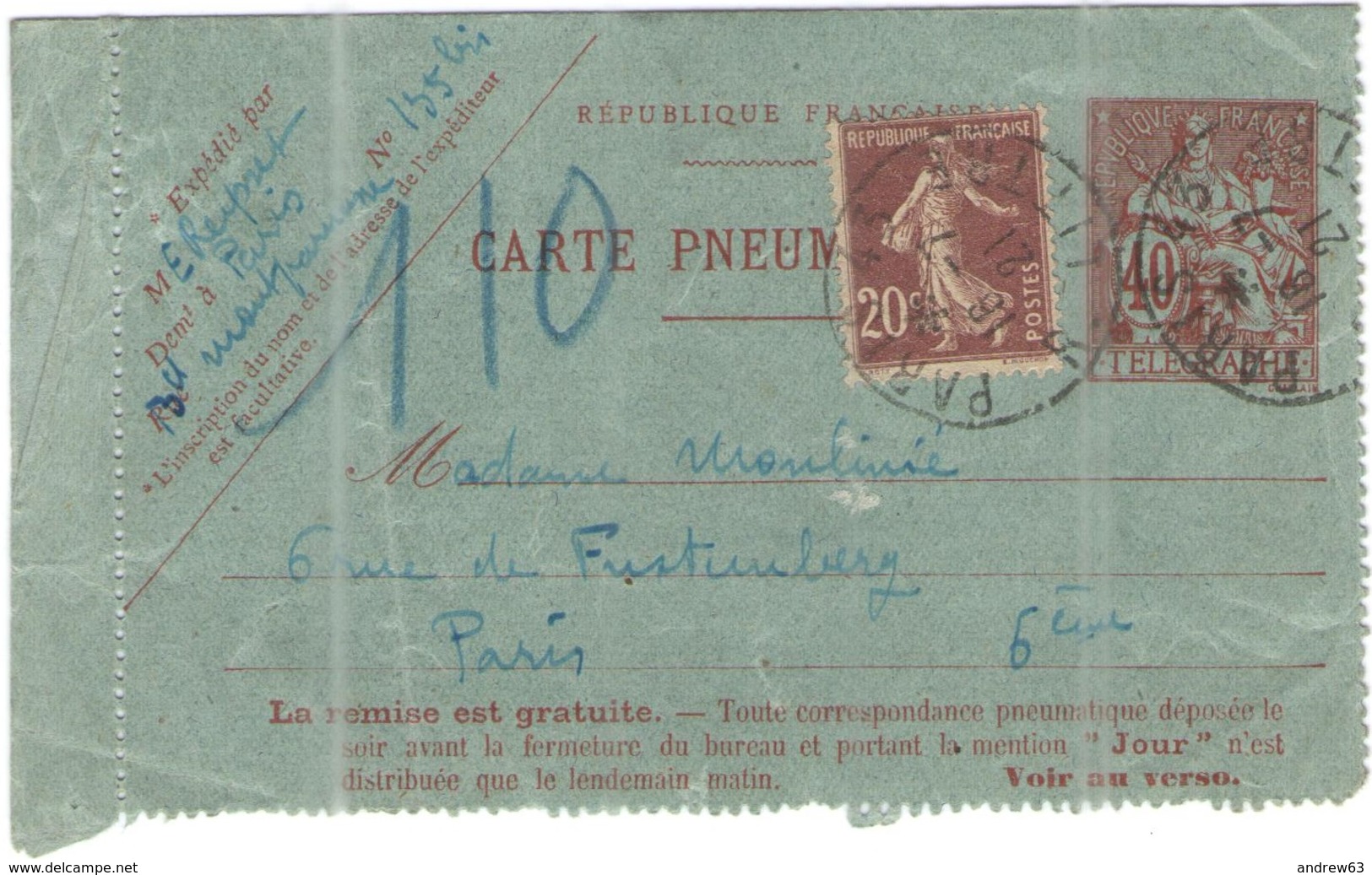 FRANCIA - France - 1921 - 40c Télégraphe + 20c - Carte Lettre Pneumatique - Viaggiata Da Paris Per Paris - Neumáticos