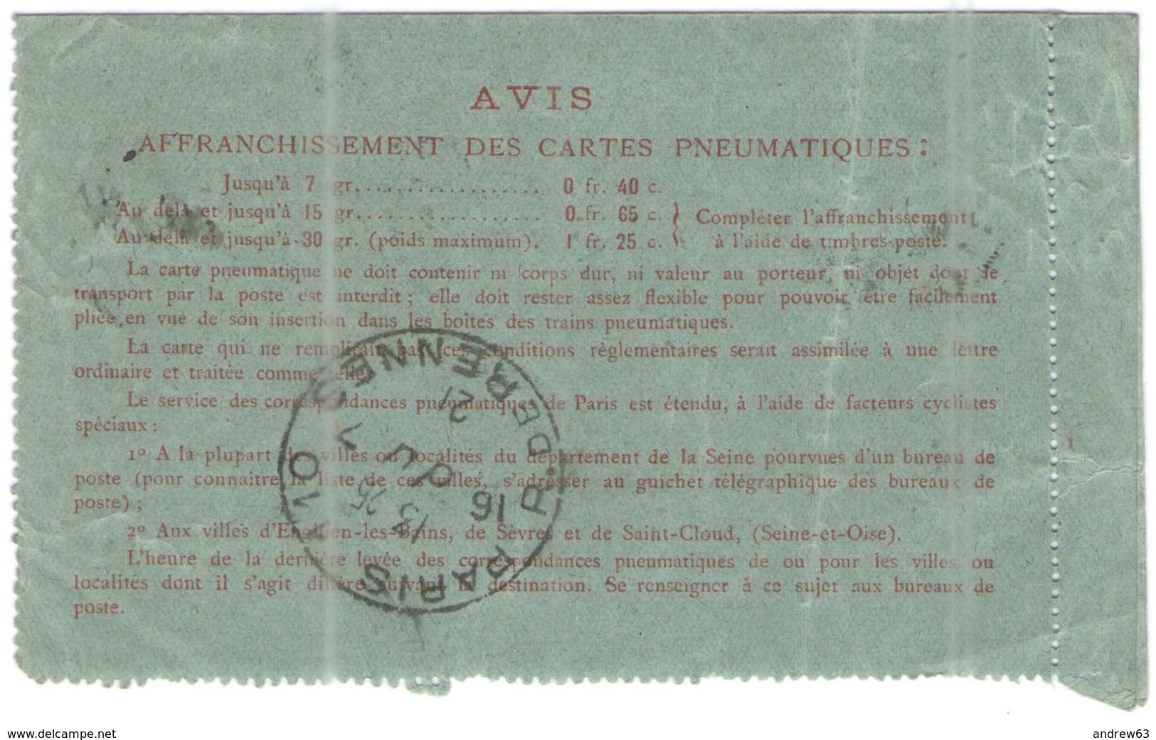 FRANCIA - France - 1921 - 40c Télégraphe + 20c - Carte Lettre Pneumatique - Viaggiata Da Paris Per Paris - Neumáticos