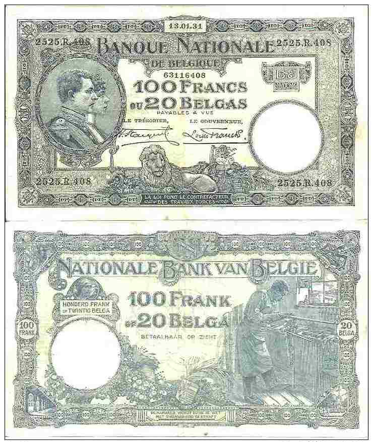 BELGIUM - BELGIQUE - 100 Fr Ou 20 BELGAS 13/1/1931 - Pick 102 TTB+ (VF+) - Other & Unclassified