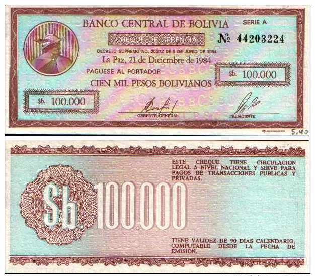 Bolivie - Bolivia 100 000 PESOS (1984) Pick 188 NEUF - UNC - Bolivia