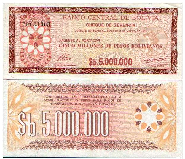 Bolivie - Bolivia 5 000 000 P  BOLIVIANOS 1985 - Pick 193 (UNC) - Bolivia