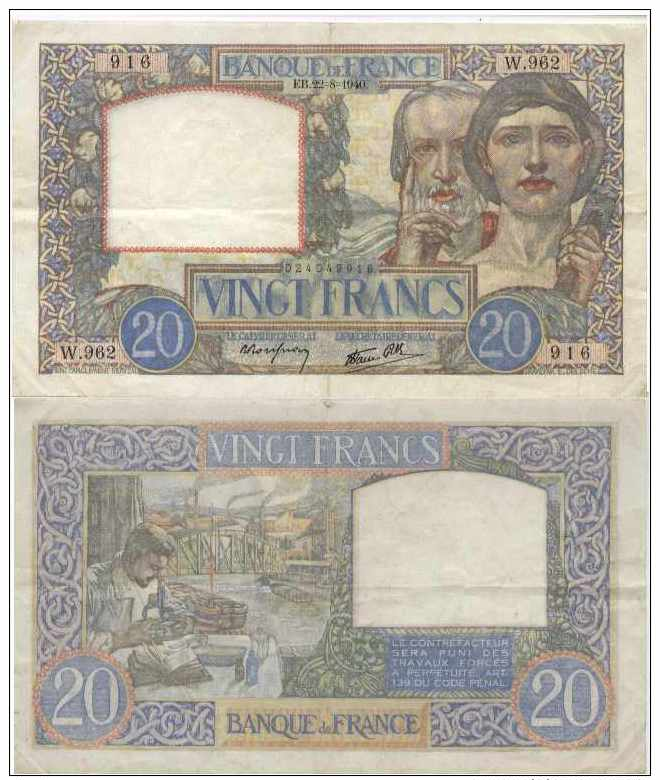 FRANCE - 20 Frs (22/8/1940) - Pick 92b -   F 12 / 6 TTB+ (VF) - 20 F 1939-1942 ''Science Et Travail''