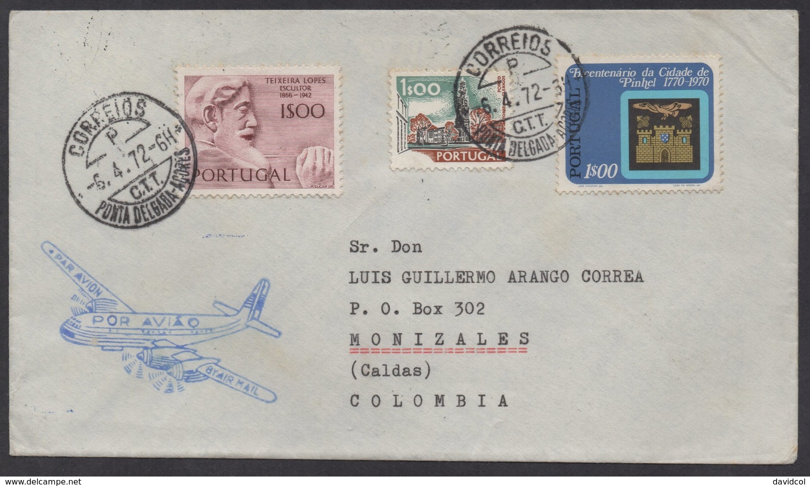 SA184- PORTUGAL-AZORES - 1972 - PONTA DELGADA 6-4-72 TO MANIZALES-CALDAS-COLOMBIA 12-IV-72 - Africa Portuguesa