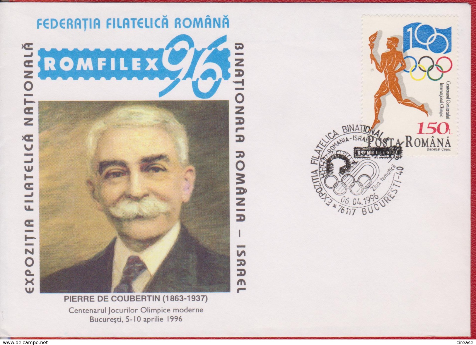 PIERRE DE COUBERTIN ROMANIA COVER - Ete 1896: Athènes