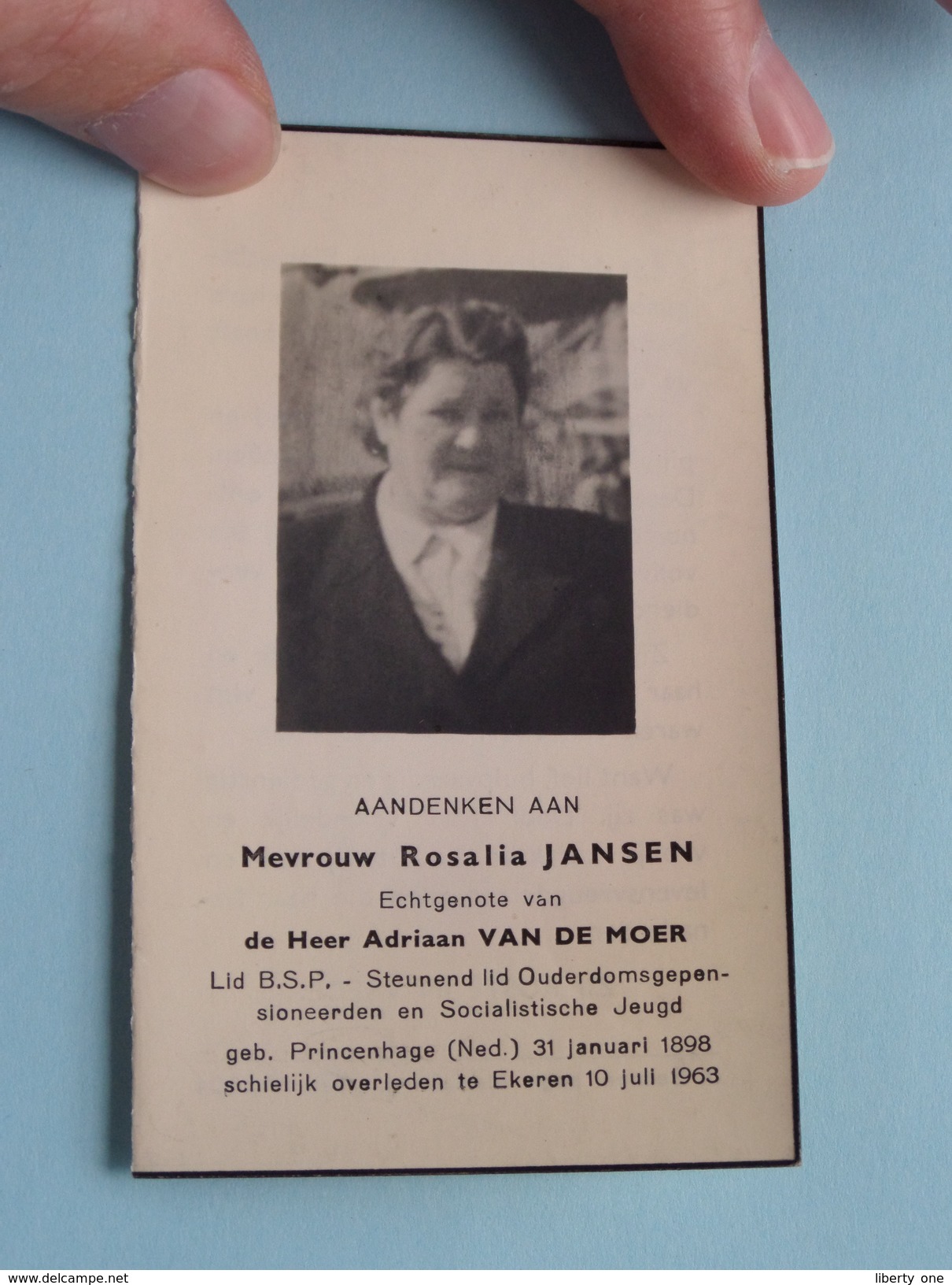 DP Rosalia JANSEN ( Adriaan VAN DE MOER ) Princenhage (NL) 31 Jan 1898 - Ekeren (B) 1 Juli 1963 ! - Décès