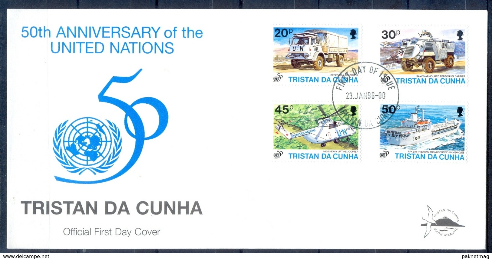 J533- Tristan Da Cunha 1996. 50th Anniversary Of United Nation. UNO. UN. Ship. Truck. Helicopter. - Tristan Da Cunha