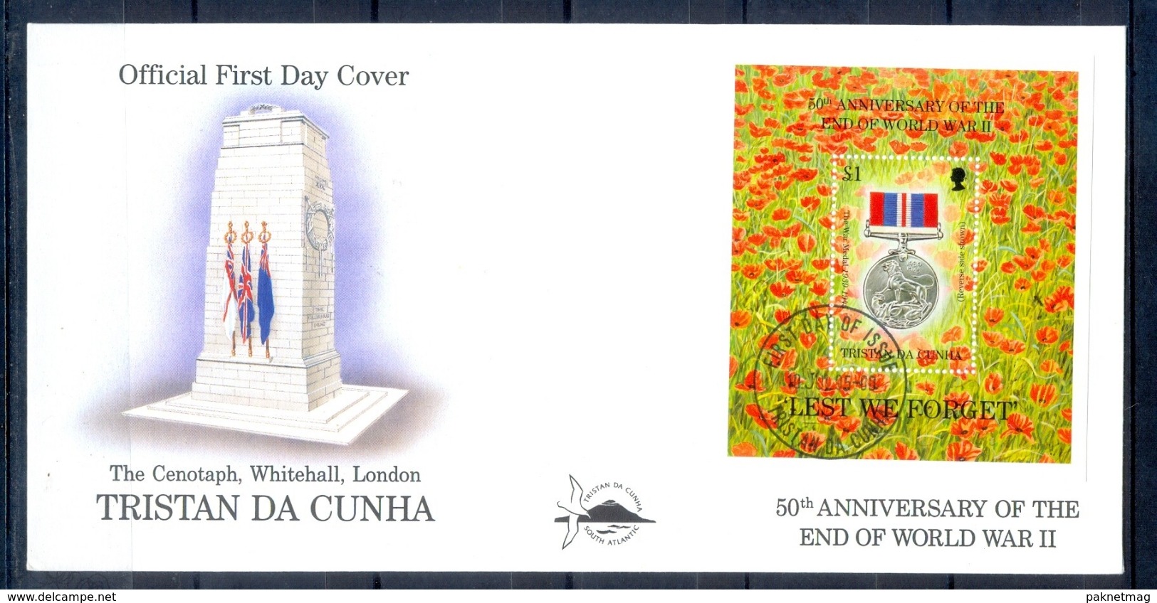 J547- Tristan Da Cunha 1995. 50th Anniversary Of The End Of World War II. Flag. Medal. Flowers. - Tristan Da Cunha