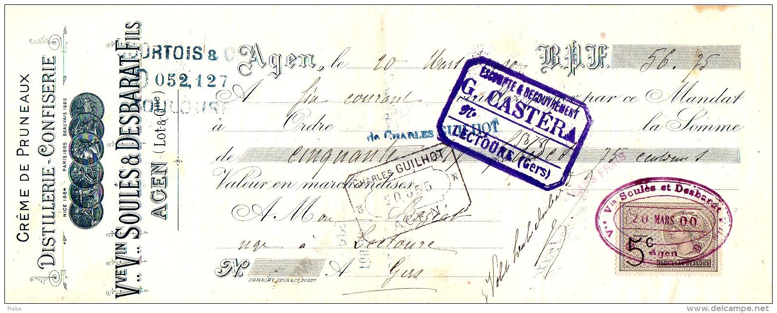 SOULES &amp; DESBARAT   Crème Pruneaux, Distillerie-Confiserie  AGEN  (Lot &amp; Garonne)       1900 - Lettres De Change