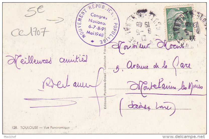 Cachet Simple Couronne " Mouvement Républicain Populaire, Congrès National 6.7.8.9. Mai 1948" Sur CP Toulouse - Autres & Non Classés