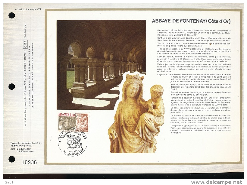 Feuillet CEF -- 1er Jour  --  N° 409 -- Abbaye De Fontenay ( Cote D'Or ) - 1977 - 1970-1979