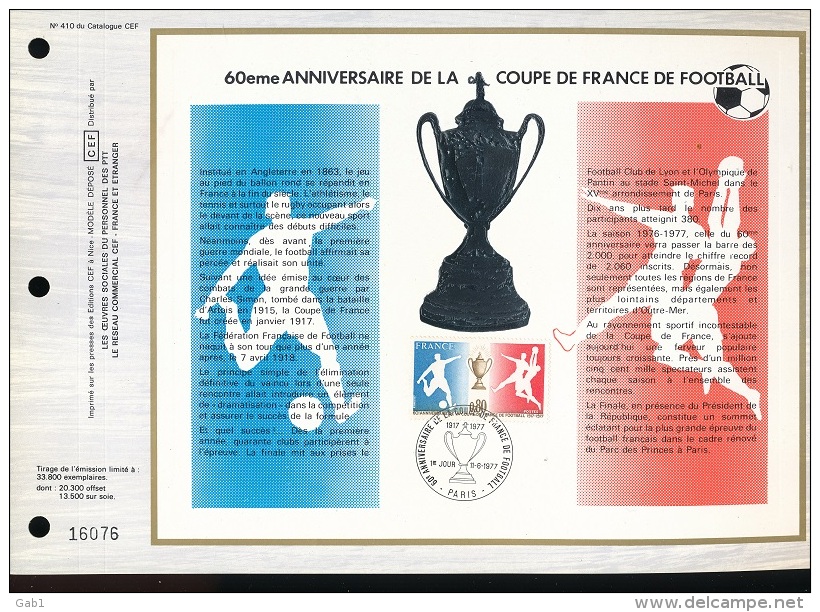 Feuillet CEF -- 1er Jour  --  N° 410 --  60 Eme Anniversaire De La Coupe De France De Football  - 1977 - 1970-1979