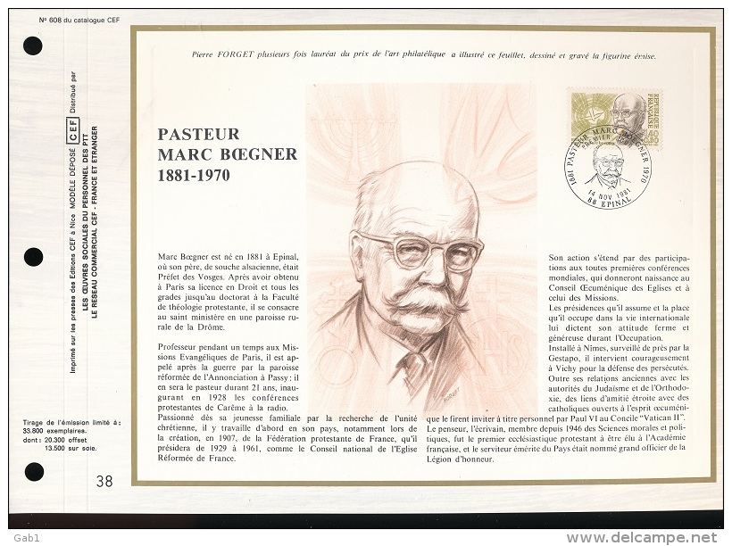 Feuillet CEF -- 1er Jour  --  N° 608 -- Pasteur Marc Boegner - ( 1881 - 1970 )  -- 1981 - 1980-1989