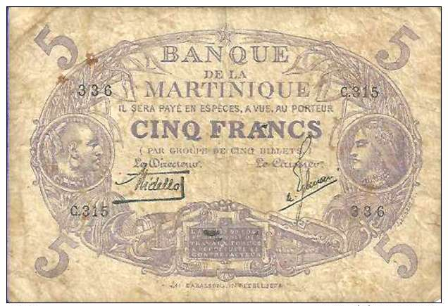 MARTINIQUE - 5 FRANCS L 1901 - Pick 6 (Série C.315) TB- - Aruba (1986-...)