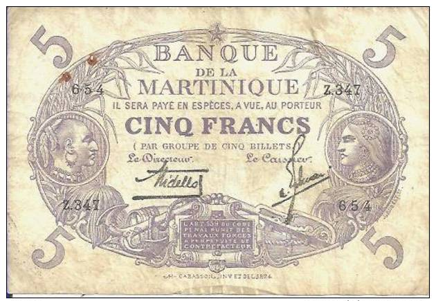 MARTINIQUE - 5 FRANCS L 1901 - Pick 6 (Série Z.347) TB - Aruba (1986-...)