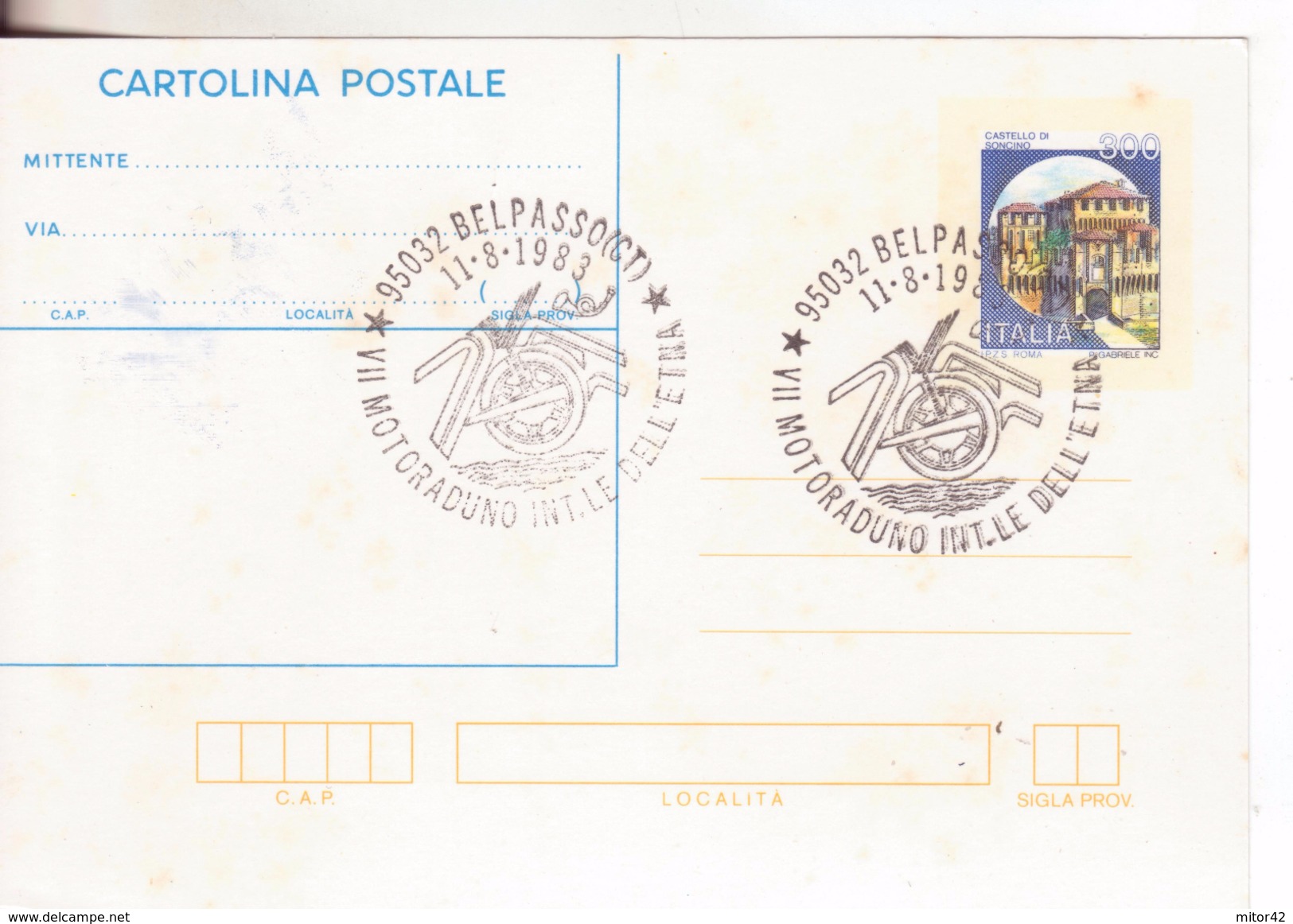 163-Storia Postale-Marcofilia-Tema:Moto-Vulcano Etna.Sport-Annullo Speciale Belpasso-Catania-Motoraduno 1983 - 1981-90: Storia Postale