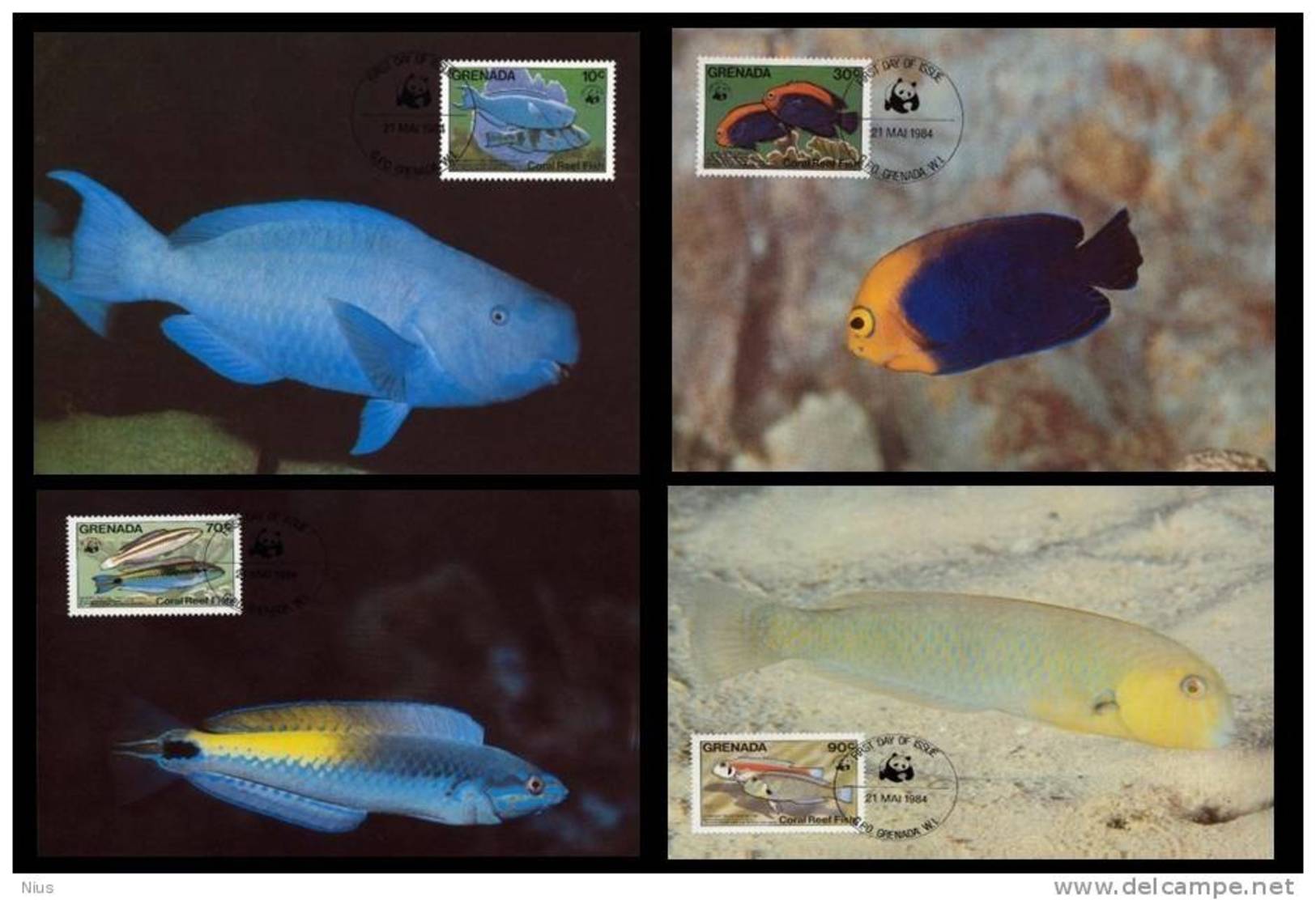 Grenada WWF W.W.F. 1984 Coral Reef Fish 4x Maxicards Maximum Cards Fishes Fauna - Cartes-maximum