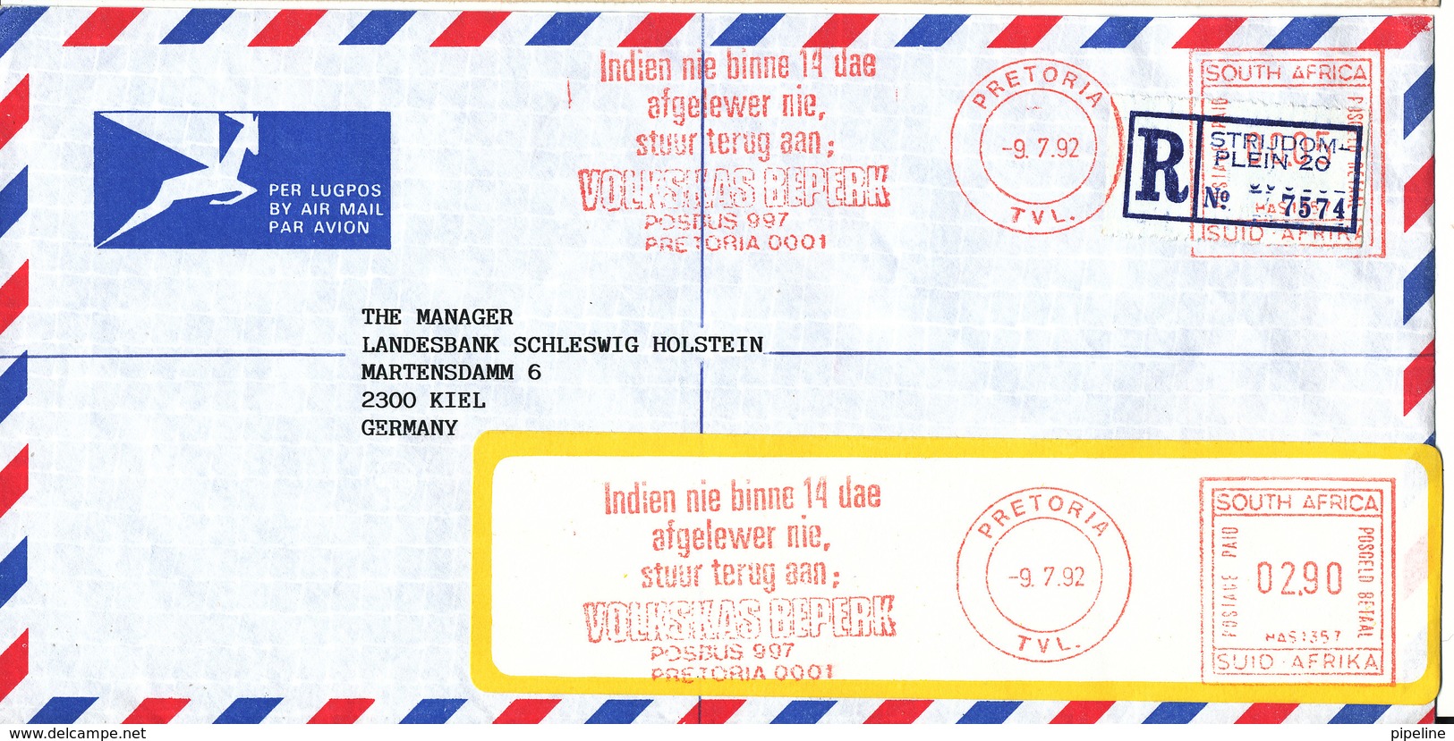 South Africa Air Mail Cover With Meter Cancel Pretoria 9-7-1992 Sent To Germany - Luchtpost