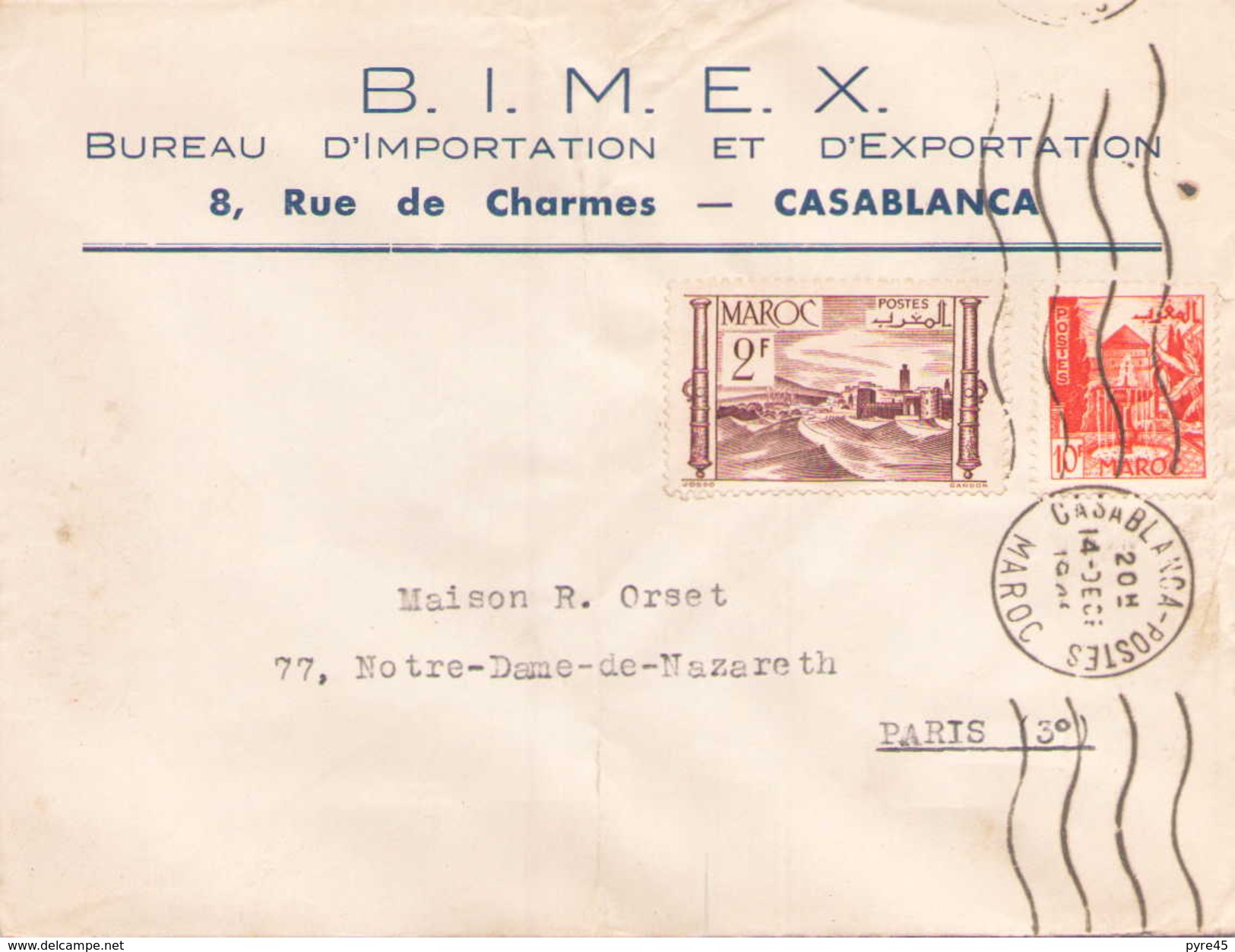 Maroc Enveloppe à En Tete BIMEX Du 14 Decembre 1949 De Casablanca Pour Paris - Briefe U. Dokumente